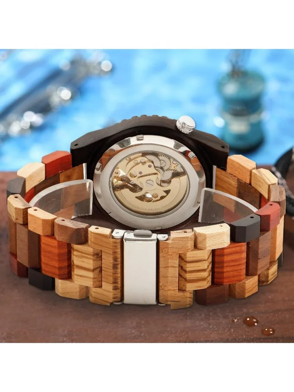 Men's Coffee Brown Analog No Battery Fashion Mechanical Movement Wooden Watch